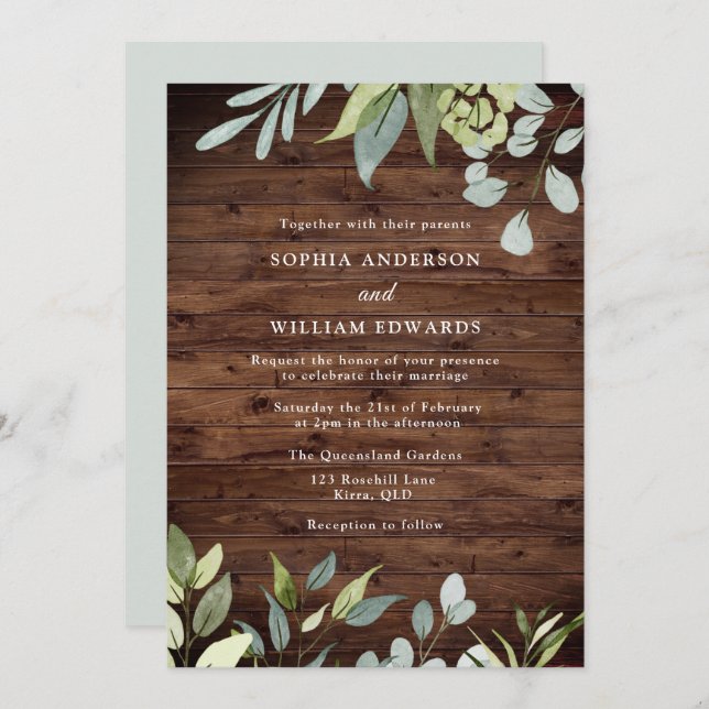 Rustic Watercolor Green Leaves Modern Wedding Invitation (Front/Back)