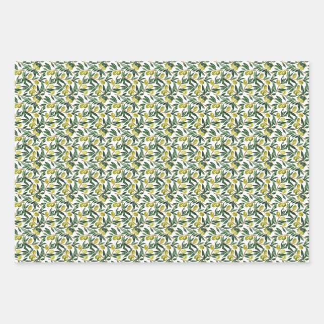 Rustic Watercolor Green Olive Branches Pattern Wrapping Paper Sheet (Front)