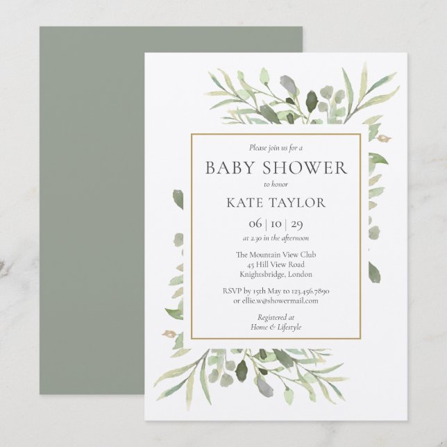 Rustic Watercolor Greenery Baby Shower / Sprinkle Invitation (Front/Back)