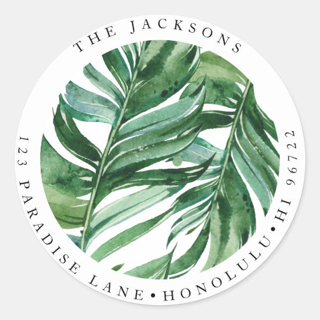 Rustic Watercolor Greenery Banana Leaves Classic Round Sticker (Front)