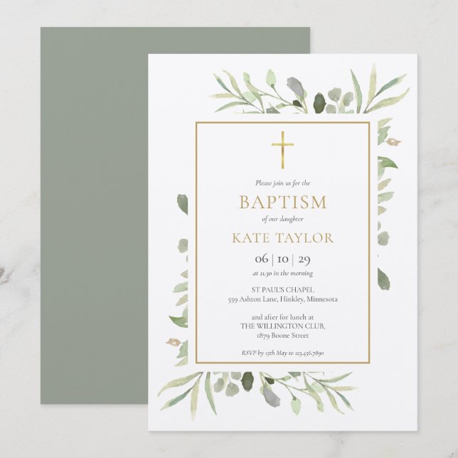 Rustic Watercolor Greenery Baptism Christening Invitation (Front/Back)
