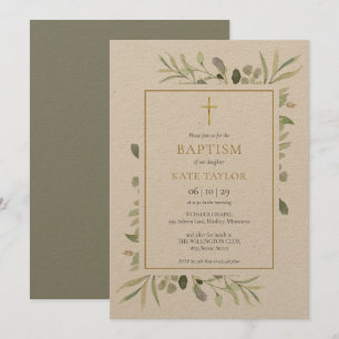 Rustic Watercolor Greenery Baptism Christening Invitation