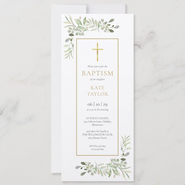 Rustic Watercolor Greenery Baptism Christening Invitation (Front)
