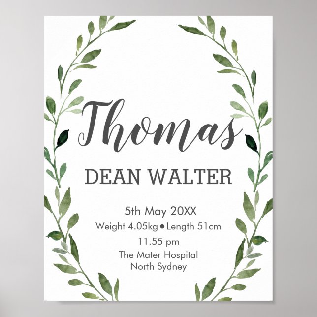 Rustic Watercolor Greenery Birth Stats Wall Art (Front)