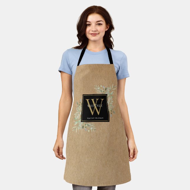 Rustic Watercolor Greenery Black Gold Monogram Apron (Worn)