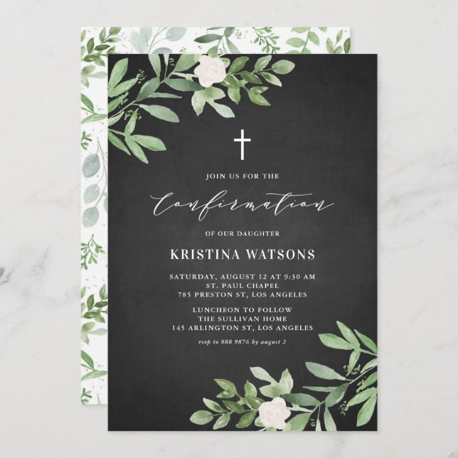 Rustic Watercolor Greenery Chalkboard Confirmation Invitation (Front/Back)