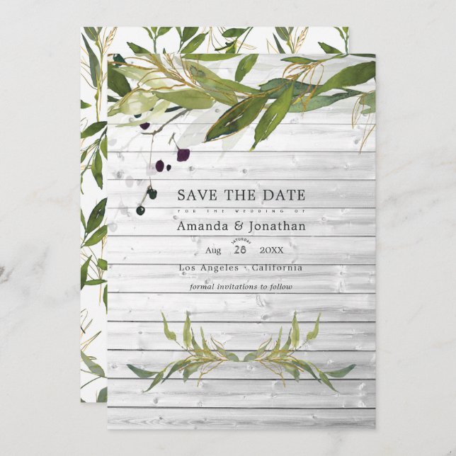 Rustic Watercolor Greenery Country Barn Wedding Save The Date (Front/Back)