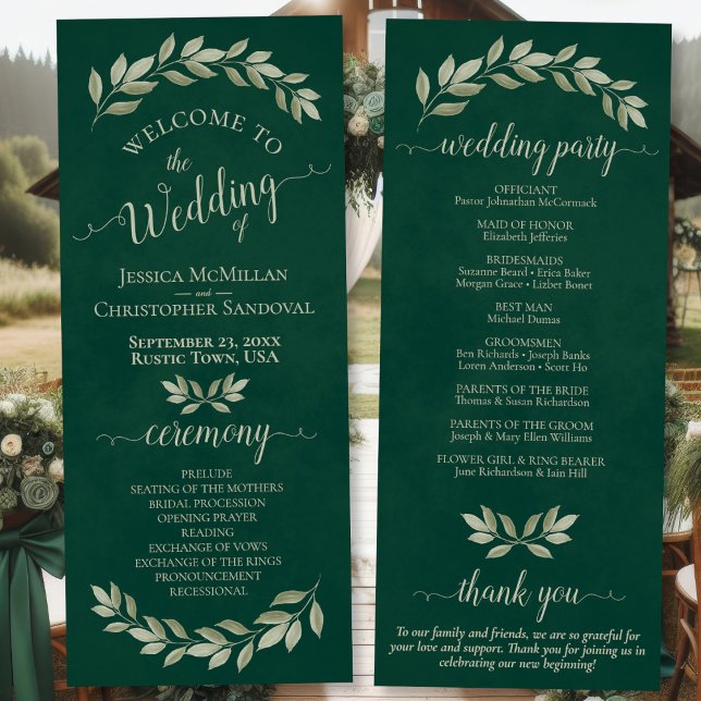 Rustic Watercolor Greenery Elegant Emerald Wedding Programme (Front/Back)