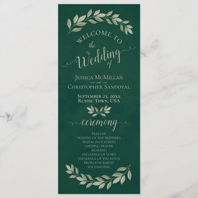 Rustic Watercolor Greenery Elegant Emerald Wedding Programme (Front)