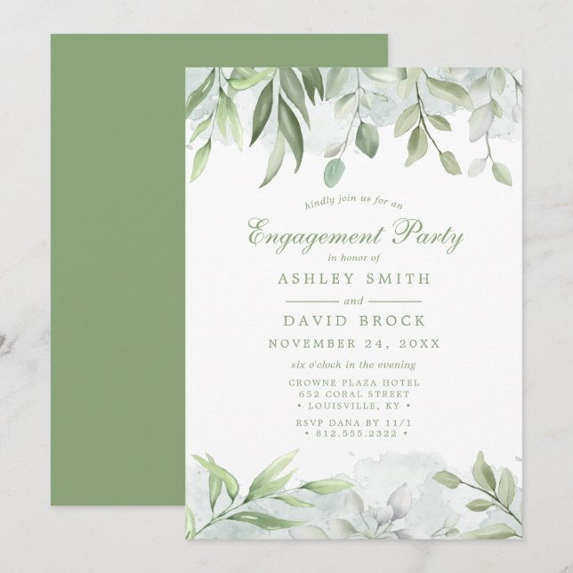 Rustic Watercolor Greenery Floral Engagement Party Invitation (Front/Back)