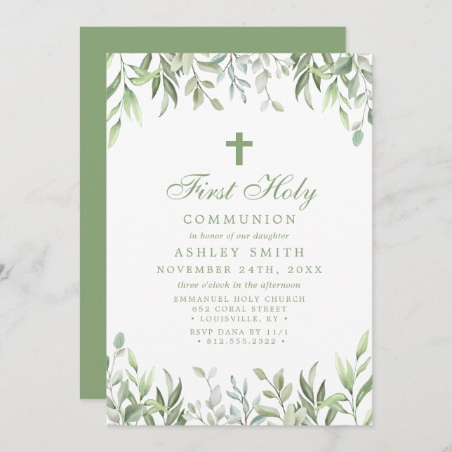 Rustic Watercolor Greenery Floral First Communion Invitation (Front/Back)