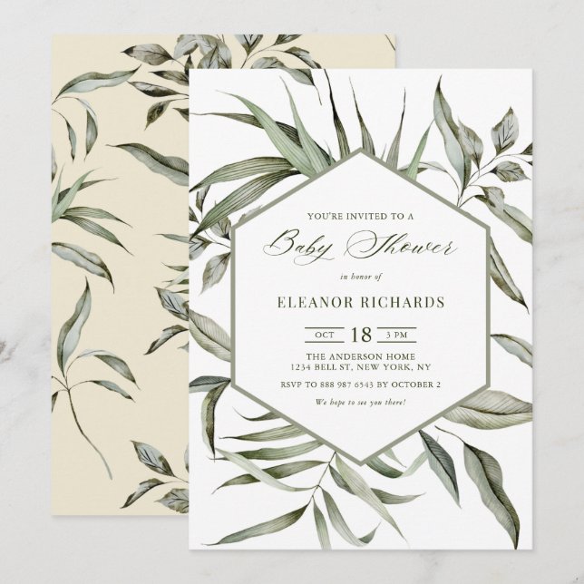 Rustic Watercolor Greenery Frame Baby Shower Invitation (Front/Back)
