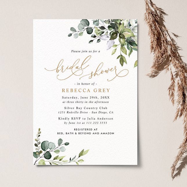 Rustic Watercolor Greenery Gold Bridal Shower Invitation (Creator Uploaded)