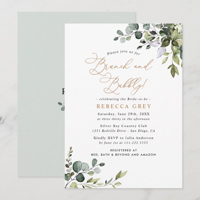 Rustic Watercolor Greenery Gold Brunch & Bubbly Invitation (Front/Back)