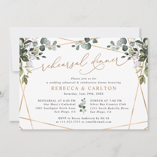 Rustic Watercolor Greenery Gold Rehearsal Dinner Invitation (Front)