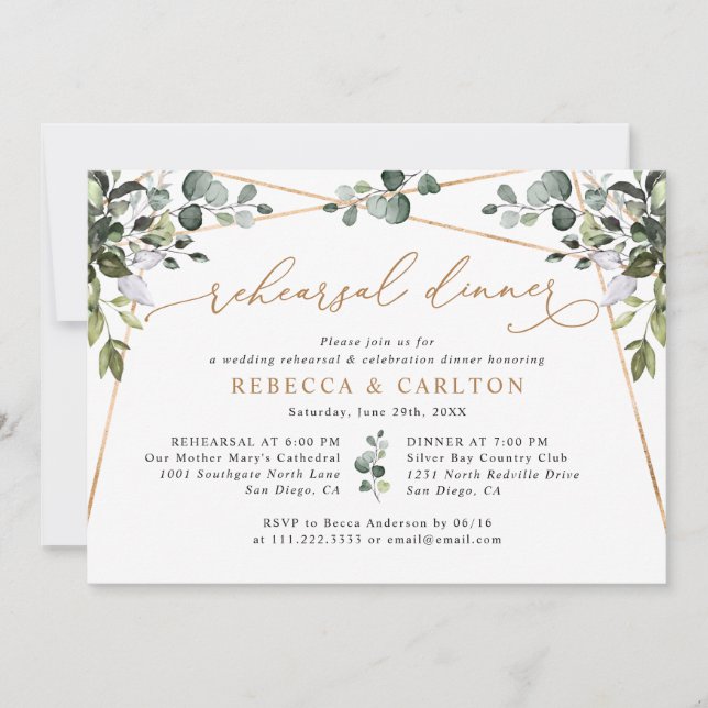 Rustic Watercolor Greenery Gold Rehearsal Dinner Invitation (Front)