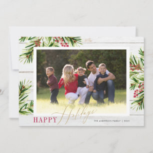 Rustic Watercolor Greenery Photo Happy Holidays Holiday Card