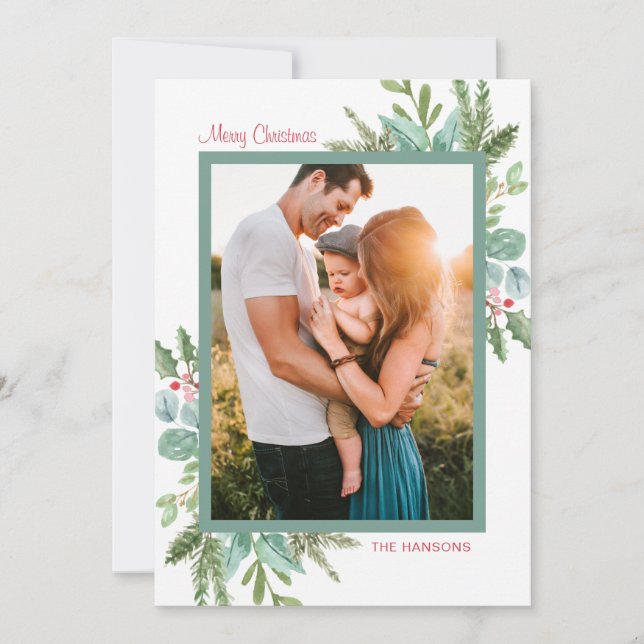 Rustic Watercolor Greenery Photo Merry Christmas Holiday Card (Front)
