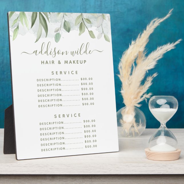 Rustic Watercolor Greenery Price Menu Plaque (Side)