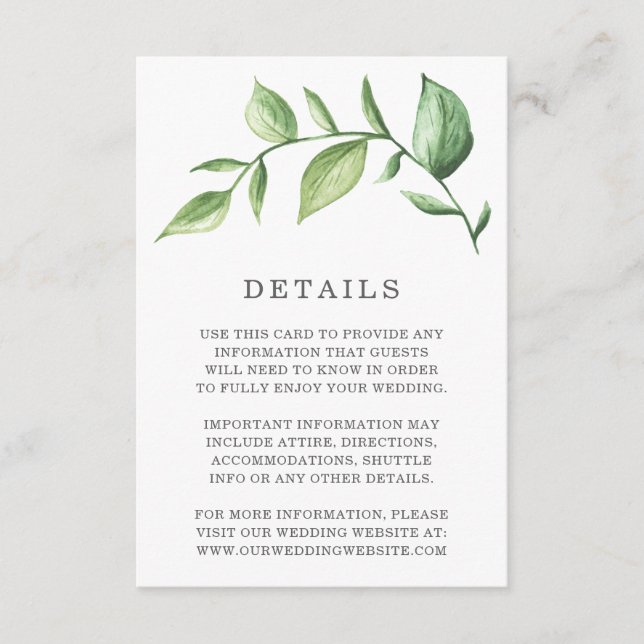 Rustic Watercolor Greenery Sprig Wedding Details Enclosure Card (Front)