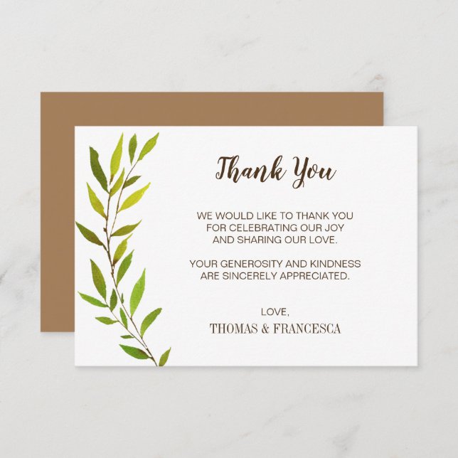 Rustic Watercolor Greenery Wedding Thank You Card (Front/Back)