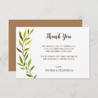 Rustic Watercolor Greenery Wedding Thank You Card