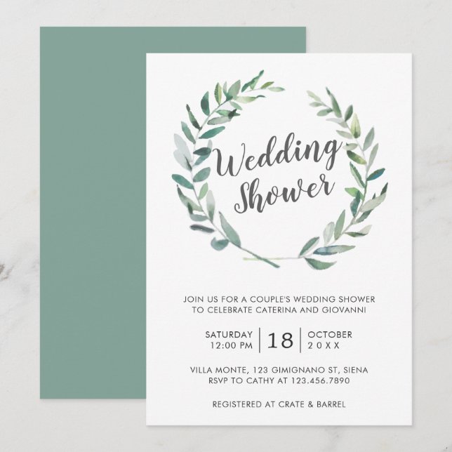 Rustic Watercolor Greenery Wreath Couples Shower Invitation (Front/Back)