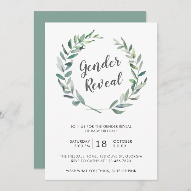 Rustic Watercolor Greenery Wreath Gender Reveal Invitation (Front/Back)