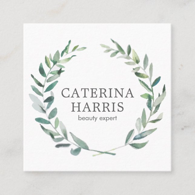 Rustic Watercolor Greenery Wreath Professional Square Business Card (Front)