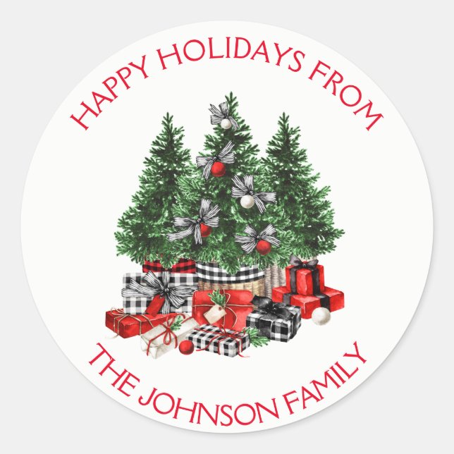 Rustic Watercolor Happy Holidays Christmas Trees Classic Round Sticker (Front)