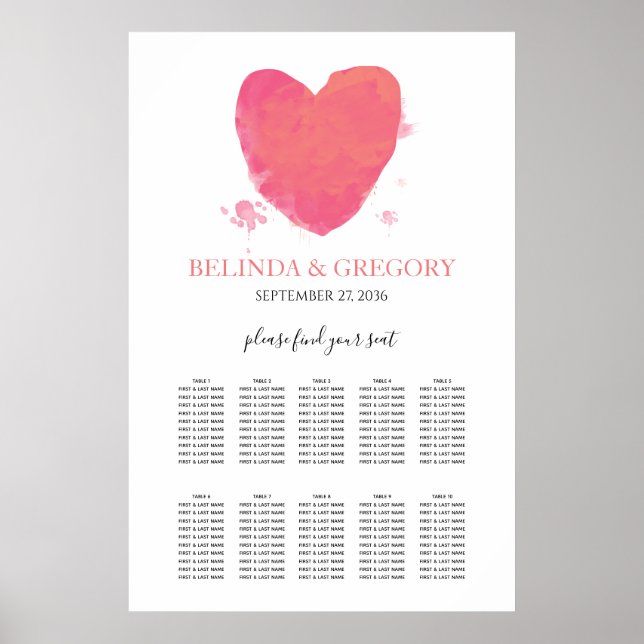 Rustic Watercolor Heart Wedding Seating Chart (Front)