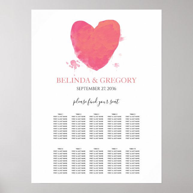 Rustic Watercolor Heart Wedding Seating Chart (Front)