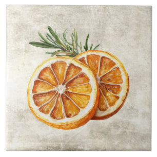 Rustic Watercolor Herb Rosemary Oranges Tile