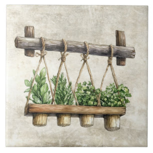 Rustic Watercolor Herbs Hanging Tile