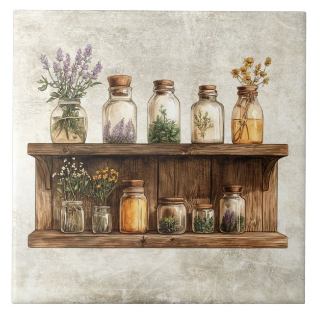 Rustic Watercolor Herbs in Jars Design Tile (Front)