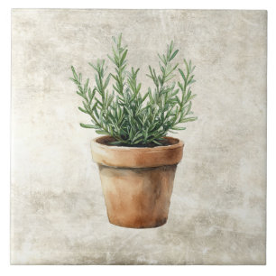 Rustic Watercolor Herbs Rosemary Pot Tile