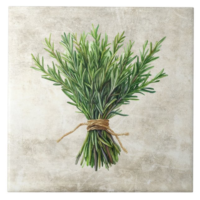 Rustic Watercolor Herbs Rosemary Tile (Front)