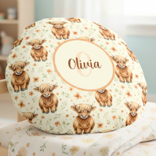 Rustic Watercolor Highland Cow Round Cushion
