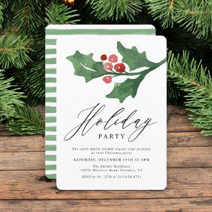 Rustic Watercolor Holly Christmas Holiday Party Invitation