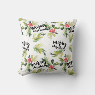 Rustic Watercolor Holly Pattern Merry Christmas Cushion