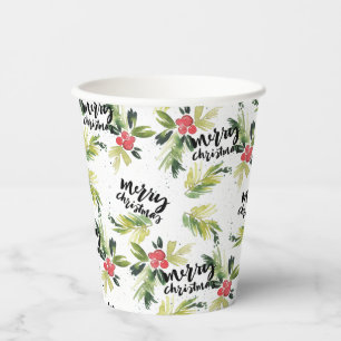 Rustic Watercolor Holly Pattern Merry Christmas Paper Cups