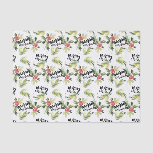 Rustic Watercolor Holly Pattern Merry Christmas Tissue Paper (Front)