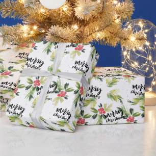 Rustic Watercolor Holly Pattern Merry Christmas Wrapping Paper