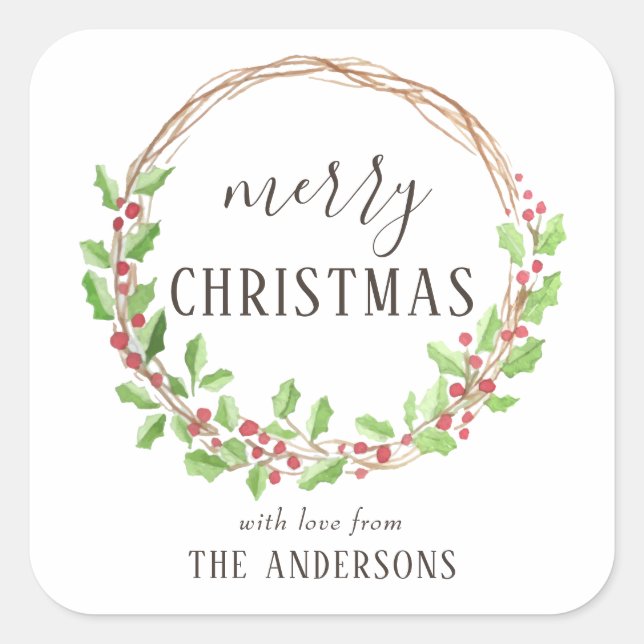 Rustic Watercolor Holly Wreath Merry Christmas Square Sticker (Front)