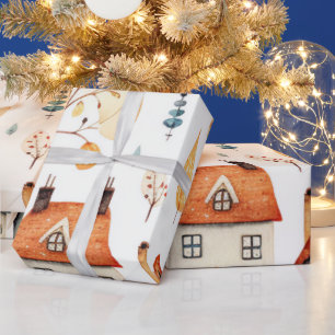 Rustic Watercolor Homes and Trees Wrapping Paper