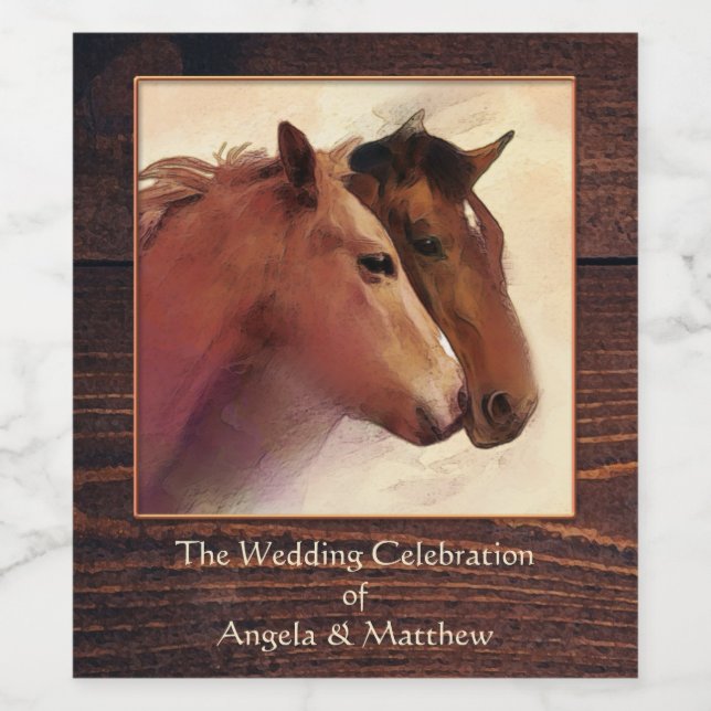 Rustic Watercolor Horses Wedding Wine Label (Single Label)