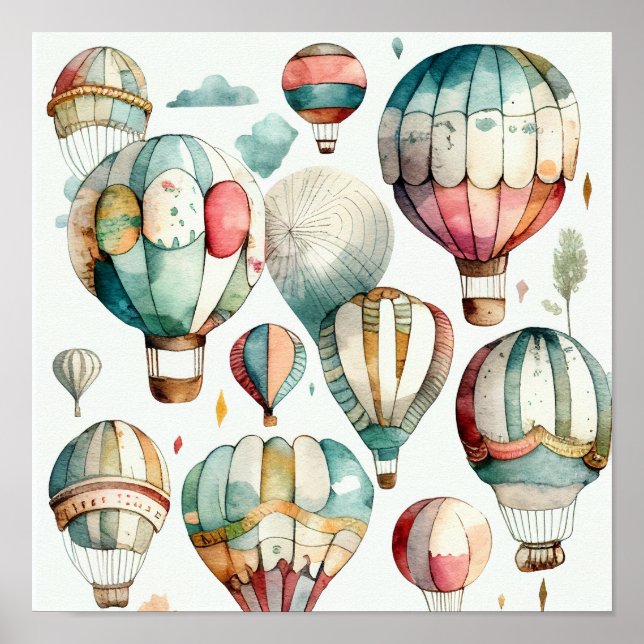 Rustic Watercolor Hot Air Balloons Art Print (Front)