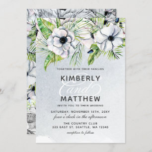 Rustic Watercolor Ice Blue Floral White Wedding Invitation