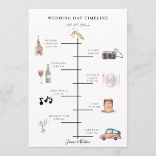 Rustic Watercolor Illustrated Wedding Day Timeline Programme