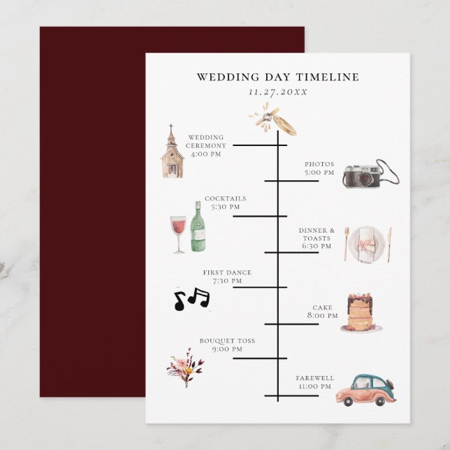 Rustic Watercolor Illustrated Wedding Day Timeline Programme (Front/Back)